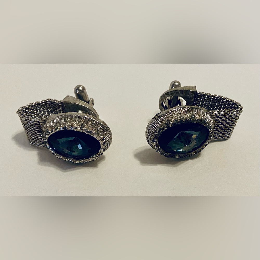 SWANK Silvertone with Gray-Blue Stone Cuff Links